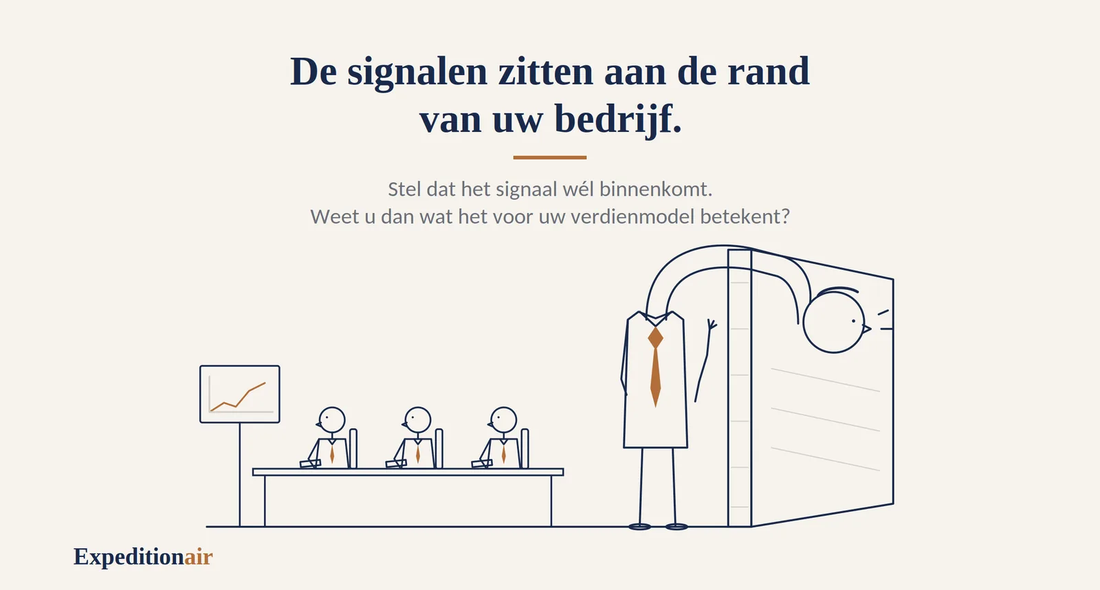 Tekening: drie managers aan tafel kijken naar een stijgende grafiek, terwijl naast hen een medewerker over de muur naar buiten kijkt. Onderschrift: stel dat het signaal wél binnenkomt, weet u dan wat het voor uw verdienmodel betekent?