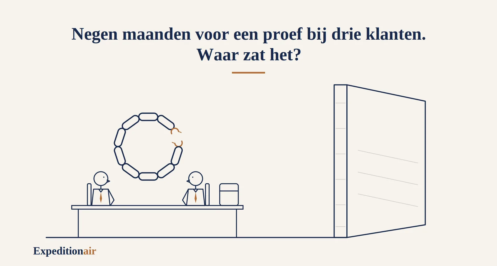 Tekening: twee mensen aan tafel onder een ketting waarvan één schakel openstaat, met een grote muur ernaast.