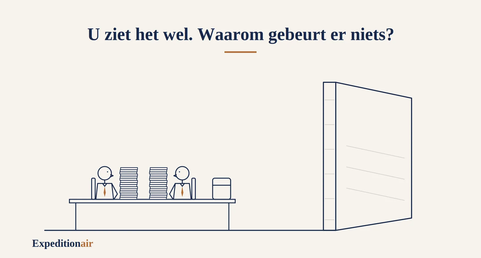 Tekening: twee mensen aan tafel achter hoge stapels papier, met een grote muur ernaast.
